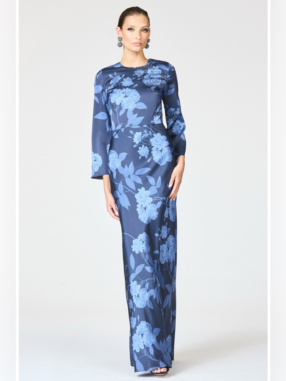 Sachin & Babi Alex Blue Floral Crystal Detail Satin Crepe Gown Size 10 NWOT
